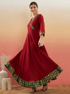 InWeave Women's Maroon Green Border Anarkali Kurta | Grocsy