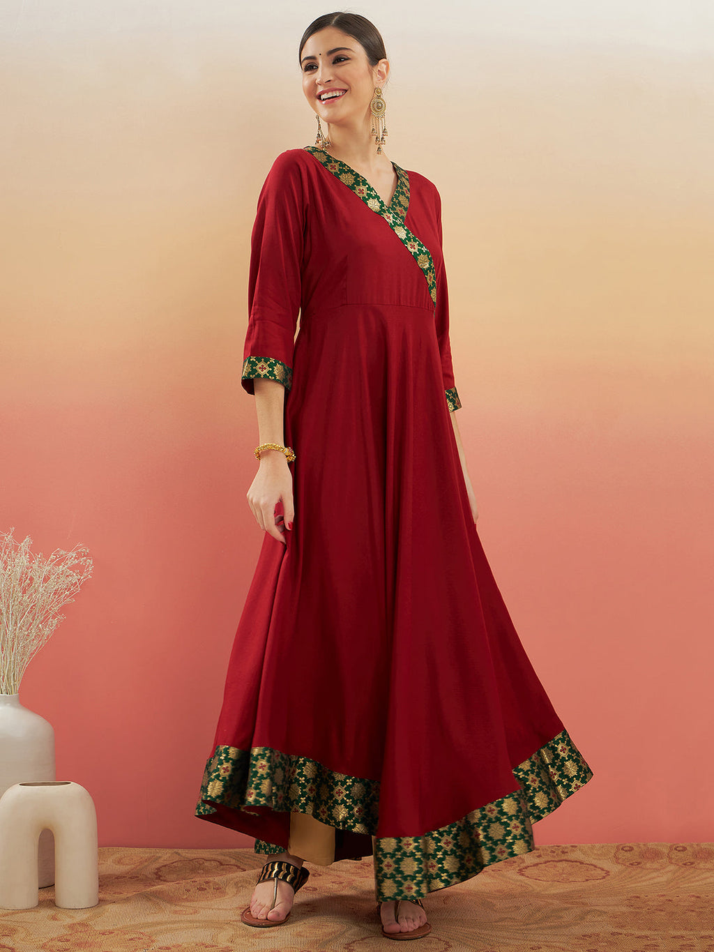 InWeave Women's Maroon Green Border Anarkali Kurta | Grocsy