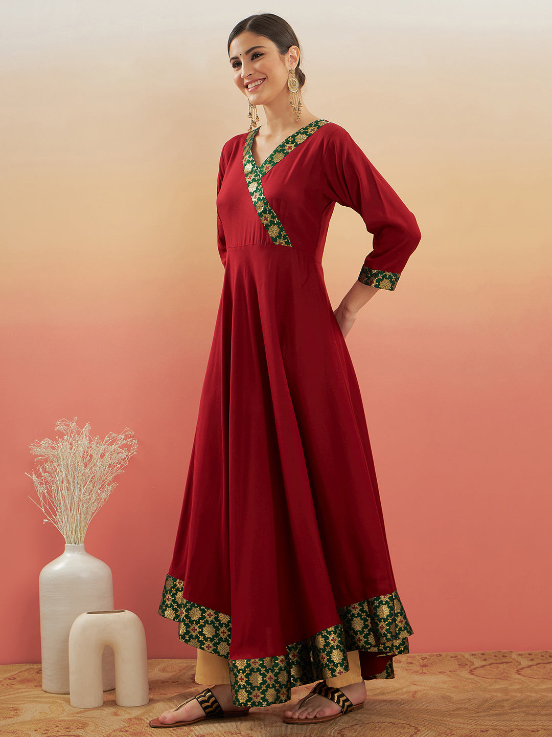 InWeave Women's Maroon Green Border Anarkali Kurta | Grocsy