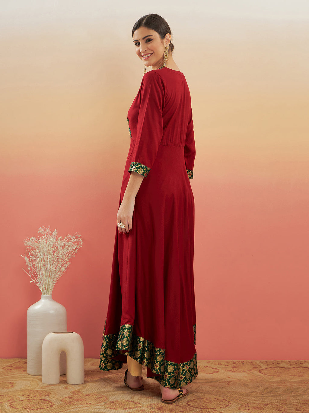 InWeave Women's Maroon Green Border Anarkali Kurta | Grocsy