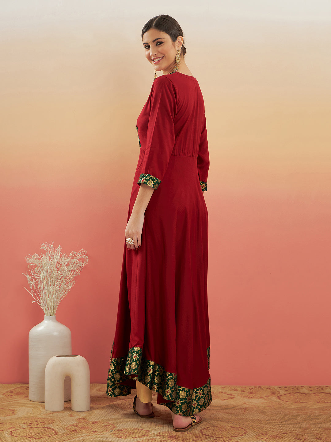InWeave Women's Maroon Green Border Anarkali Kurta | Grocsy
