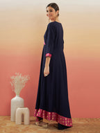 InWeave Women's Navy Blue Pink Border Anarkali Kurta | Grocsy