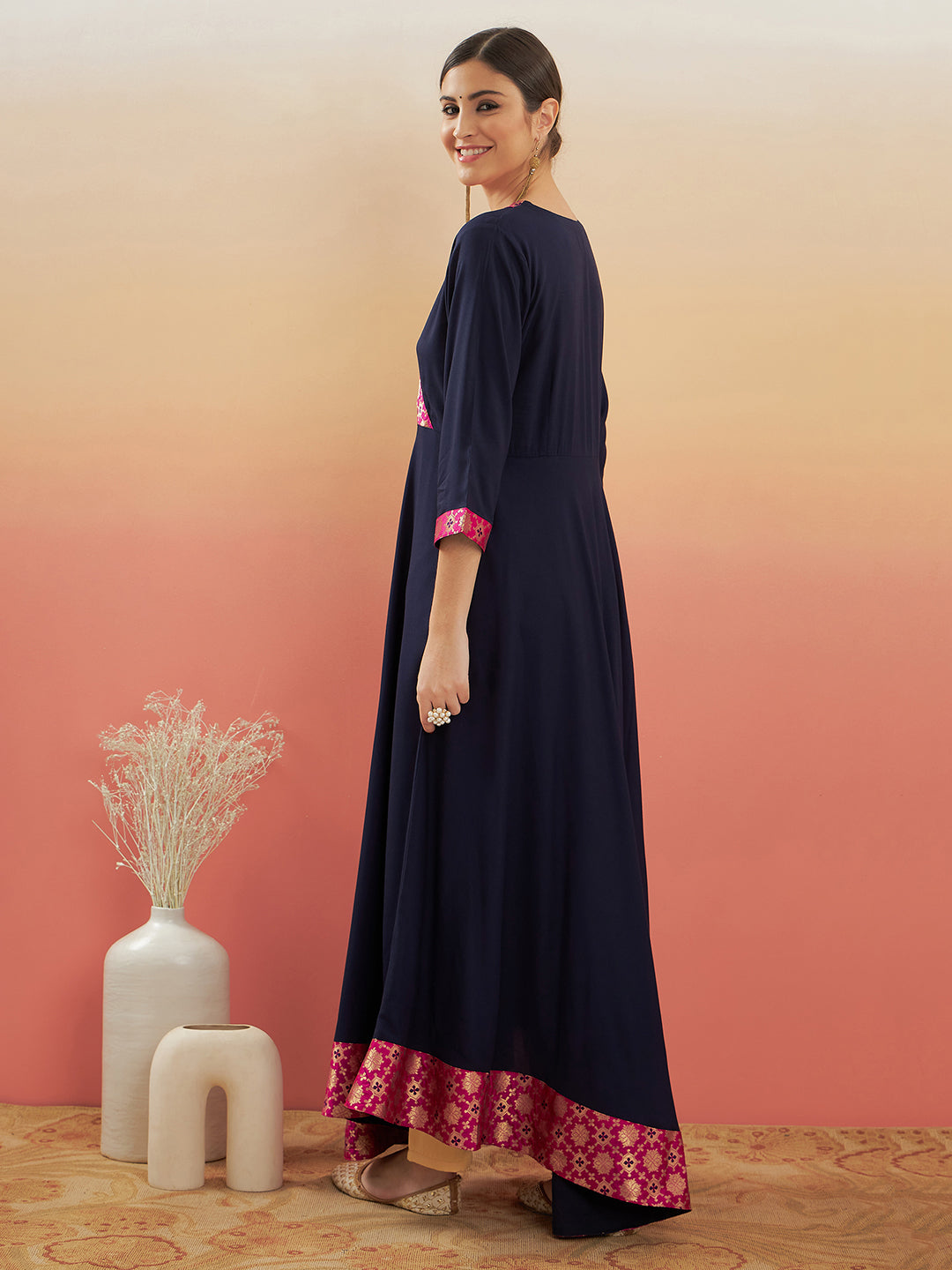 InWeave Women's Navy Blue Pink Border Anarkali Kurta | Grocsy