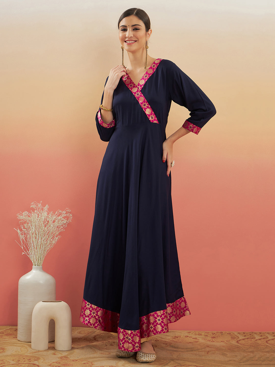 InWeave Women's Navy Blue Pink Border Anarkali Kurta | Grocsy