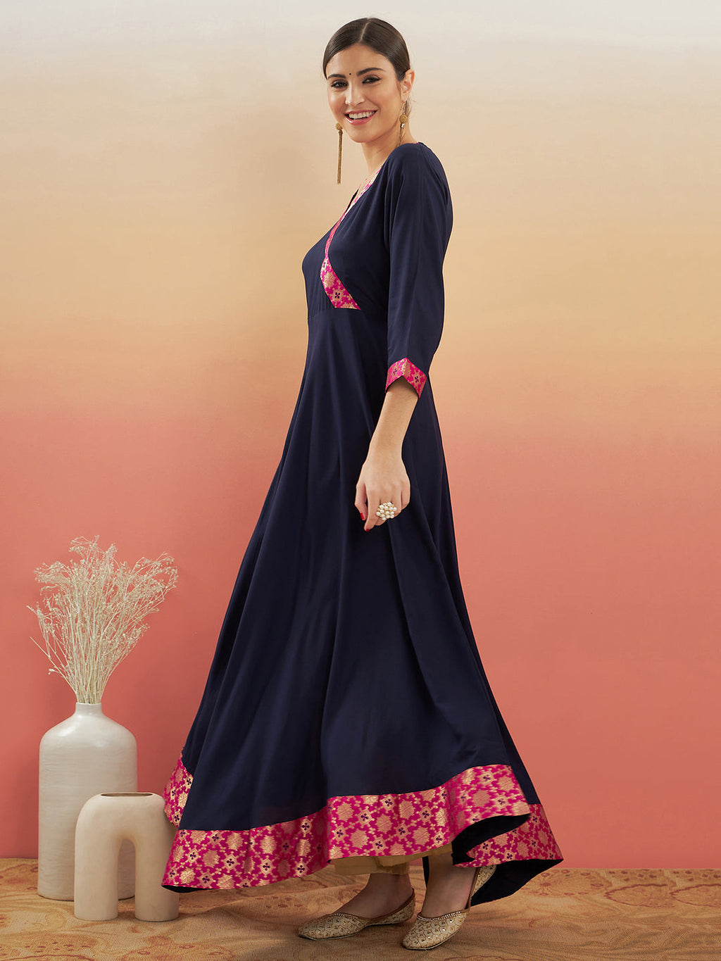 InWeave Women's Navy Blue Pink Border Anarkali Kurta | Grocsy