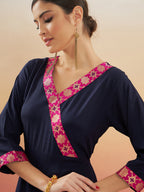 InWeave Women's Navy Blue Pink Border Anarkali Kurta | Grocsy