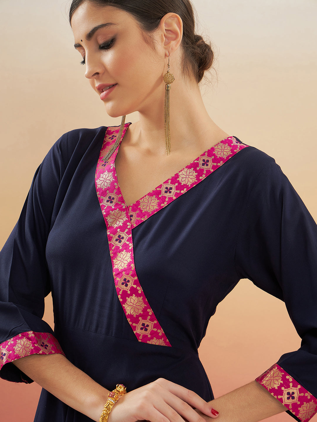 InWeave Women's Navy Blue Pink Border Anarkali Kurta | Grocsy