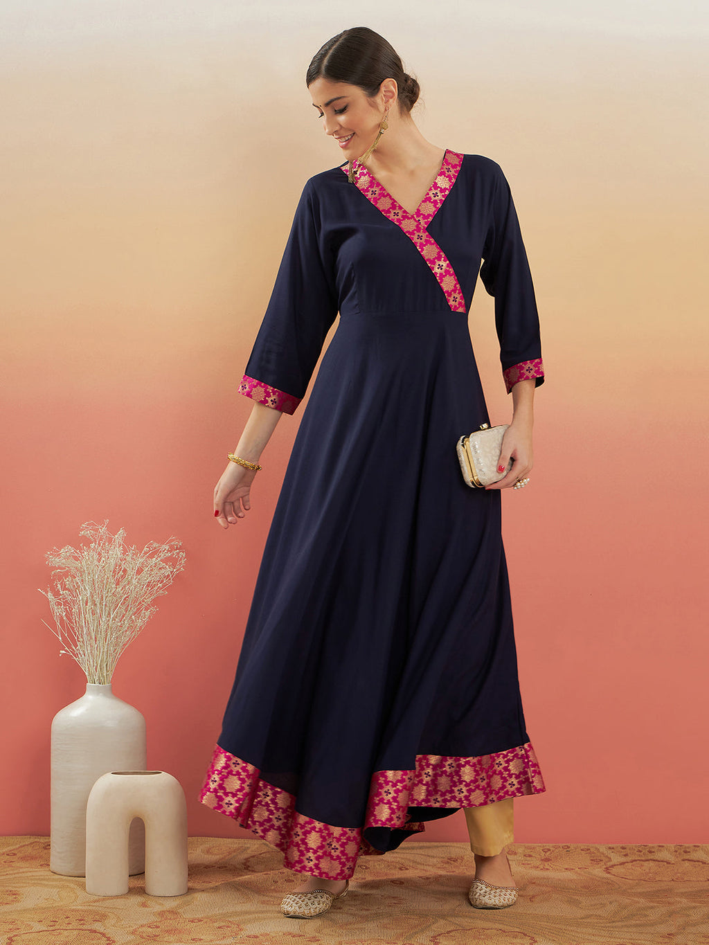 InWeave Women's Navy Blue Pink Border Anarkali Kurta | Grocsy