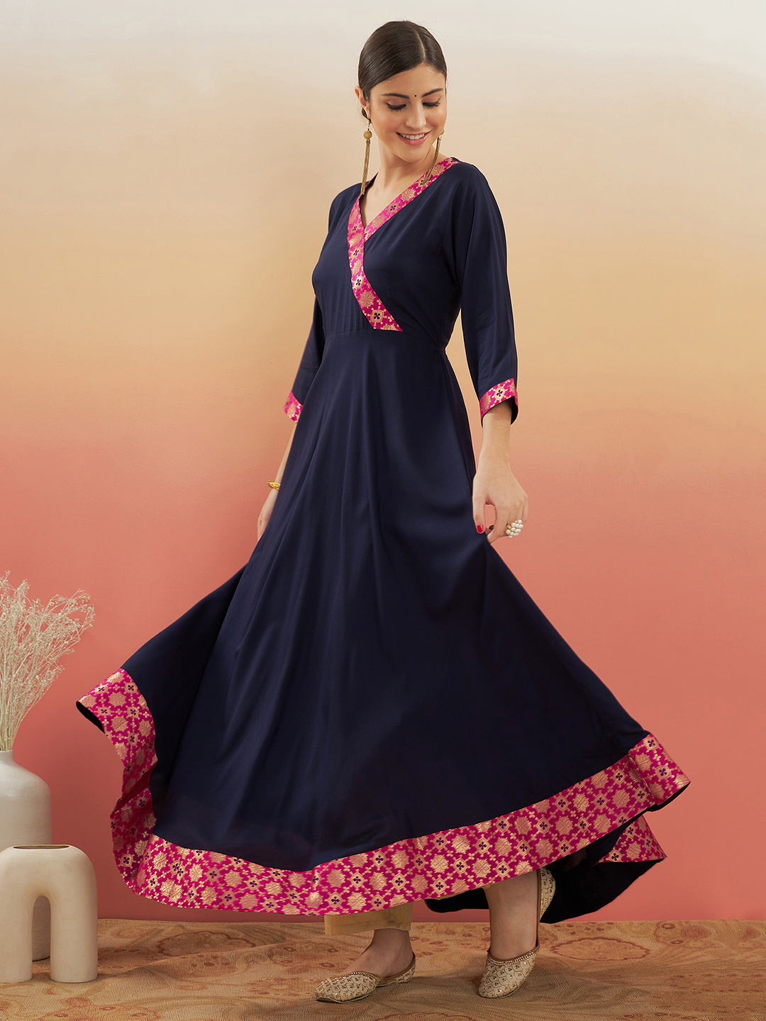 InWeave Women's Navy Blue Pink Border Anarkali Kurta | Grocsy