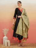 InWeave Women's Black Red Border Anarkali W Golden Wedding Brocade Dupatta | Grocsy