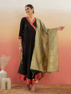 InWeave Women's Black Red Border Anarkali W Golden Wedding Brocade Dupatta | Grocsy