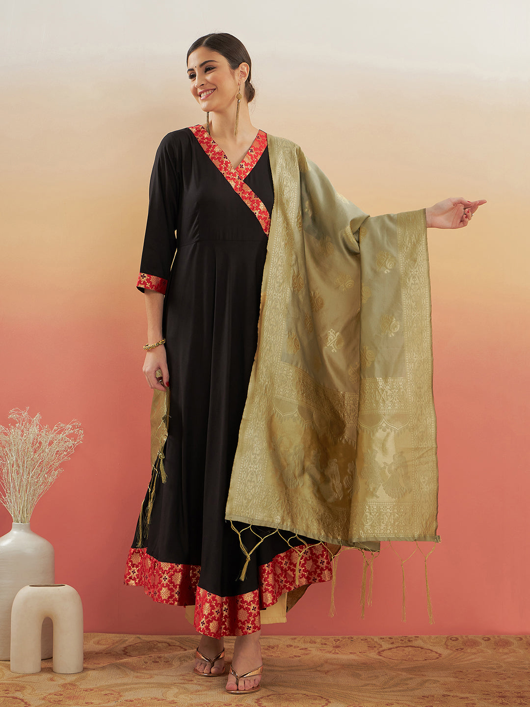 InWeave Women's Black Red Border Anarkali W Golden Wedding Brocade Dupatta | Grocsy