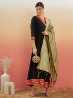 InWeave Women's Black Red Border Anarkali W Golden Wedding Brocade Dupatta | Grocsy
