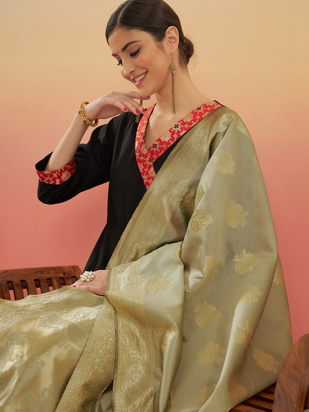 InWeave Women's Black Red Border Anarkali W Golden Wedding Brocade Dupatta | Grocsy