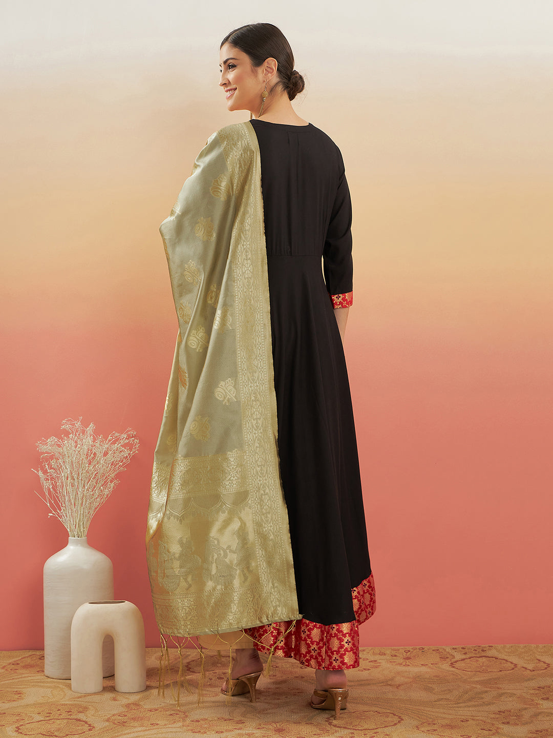 InWeave Women's Black Red Border Anarkali W Golden Wedding Brocade Dupatta | Grocsy