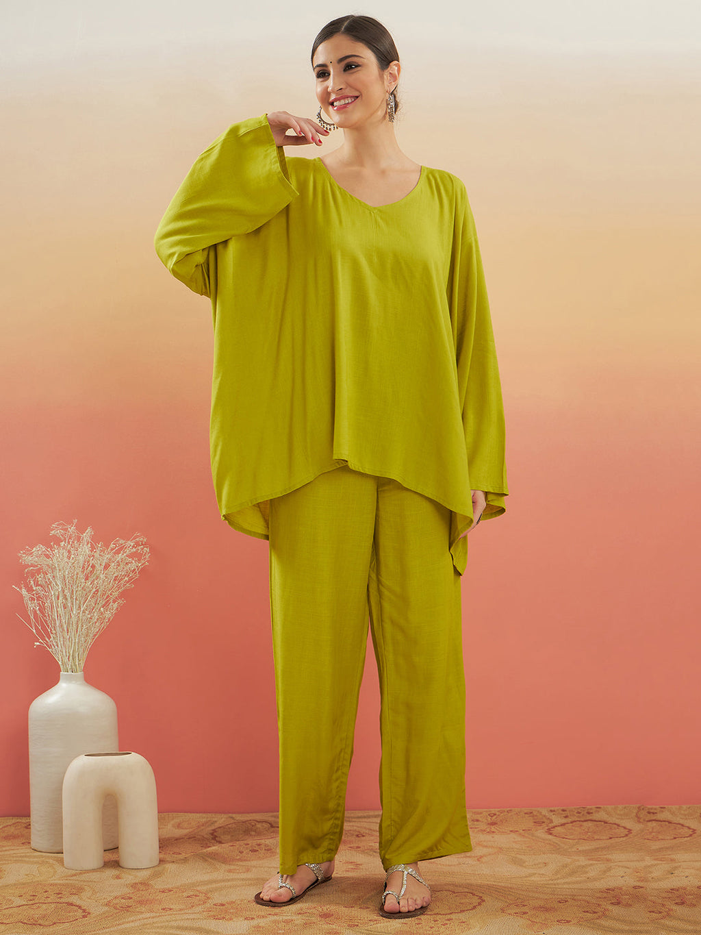 InWeave Women's Pear Green Solid Boho Full Sleeve Coord Set | Grocsy