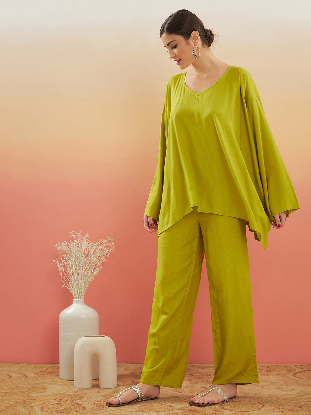 InWeave Women's Pear Green Solid Boho Full Sleeve Coord Set | Grocsy