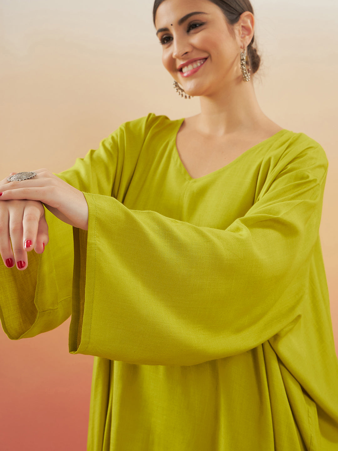 InWeave Women's Pear Green Solid Boho Full Sleeve Coord Set | Grocsy