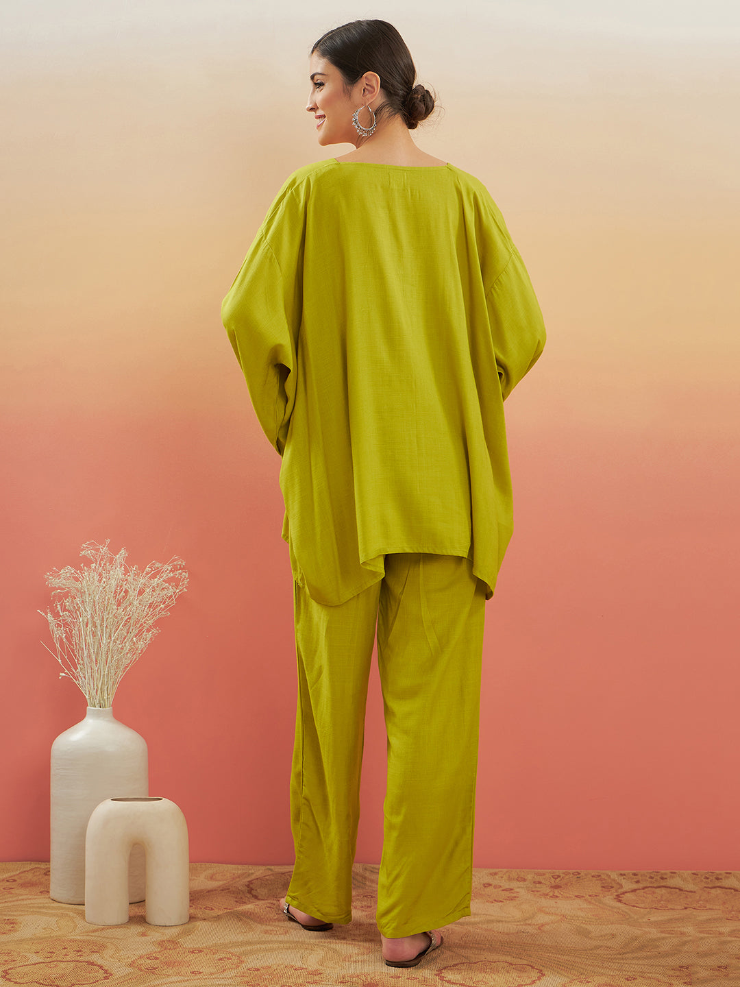 InWeave Women's Pear Green Solid Boho Full Sleeve Coord Set | Grocsy
