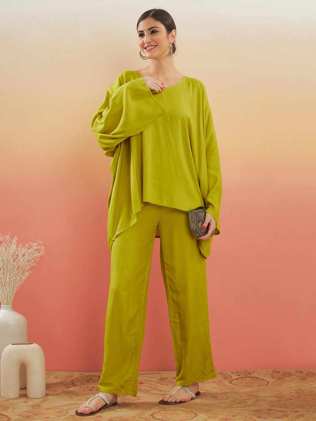 InWeave Women's Pear Green Solid Boho Full Sleeve Coord Set | Grocsy