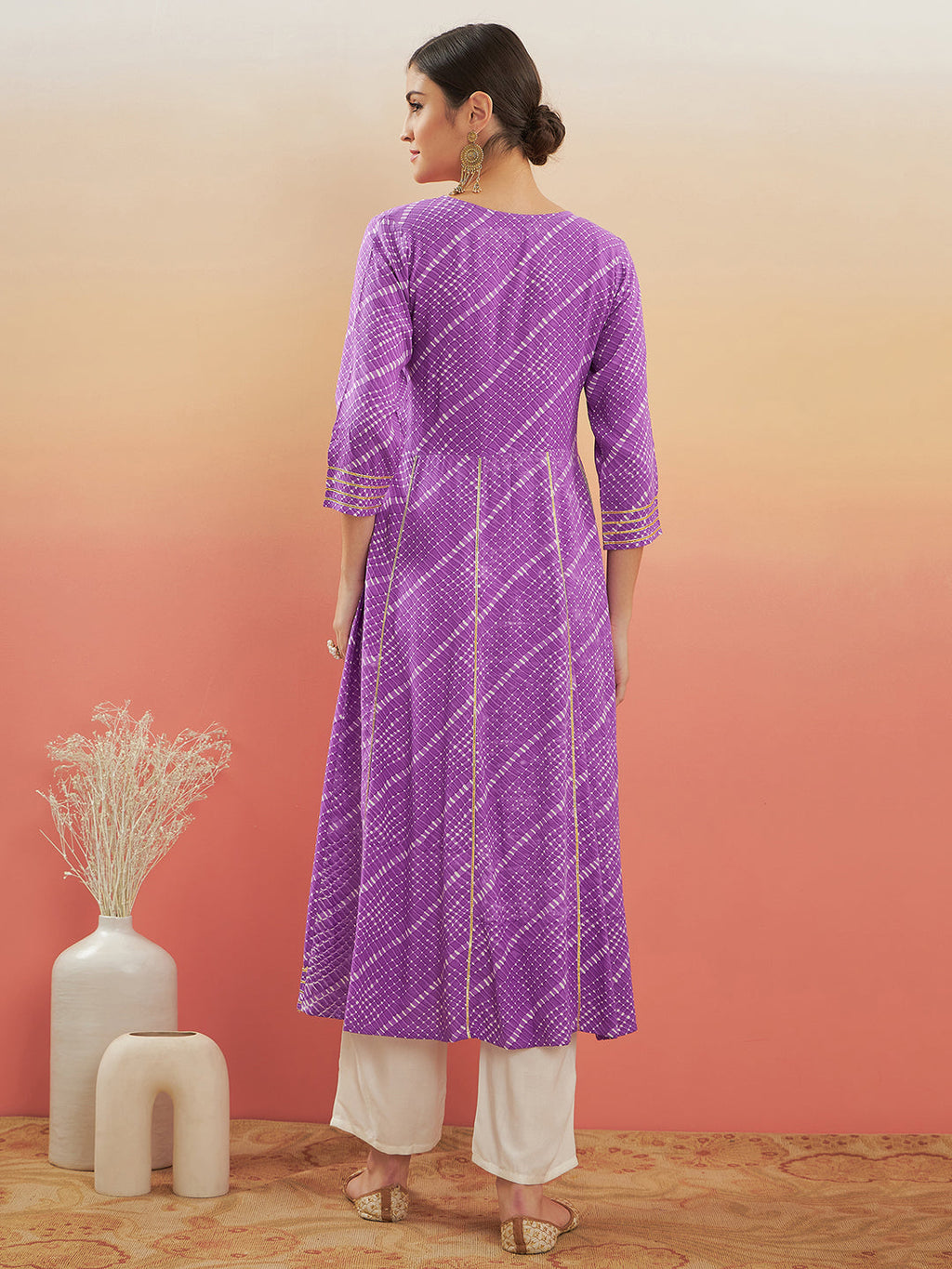 InWeave Women's Lilac Purple Lehriya Gota Work Angrakha Style Anarkali Kurta | Grocsy