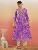 InWeave Women's Lilac Purple Lehriya Gota Work Angrakha Style Anarkali Kurta | Grocsy