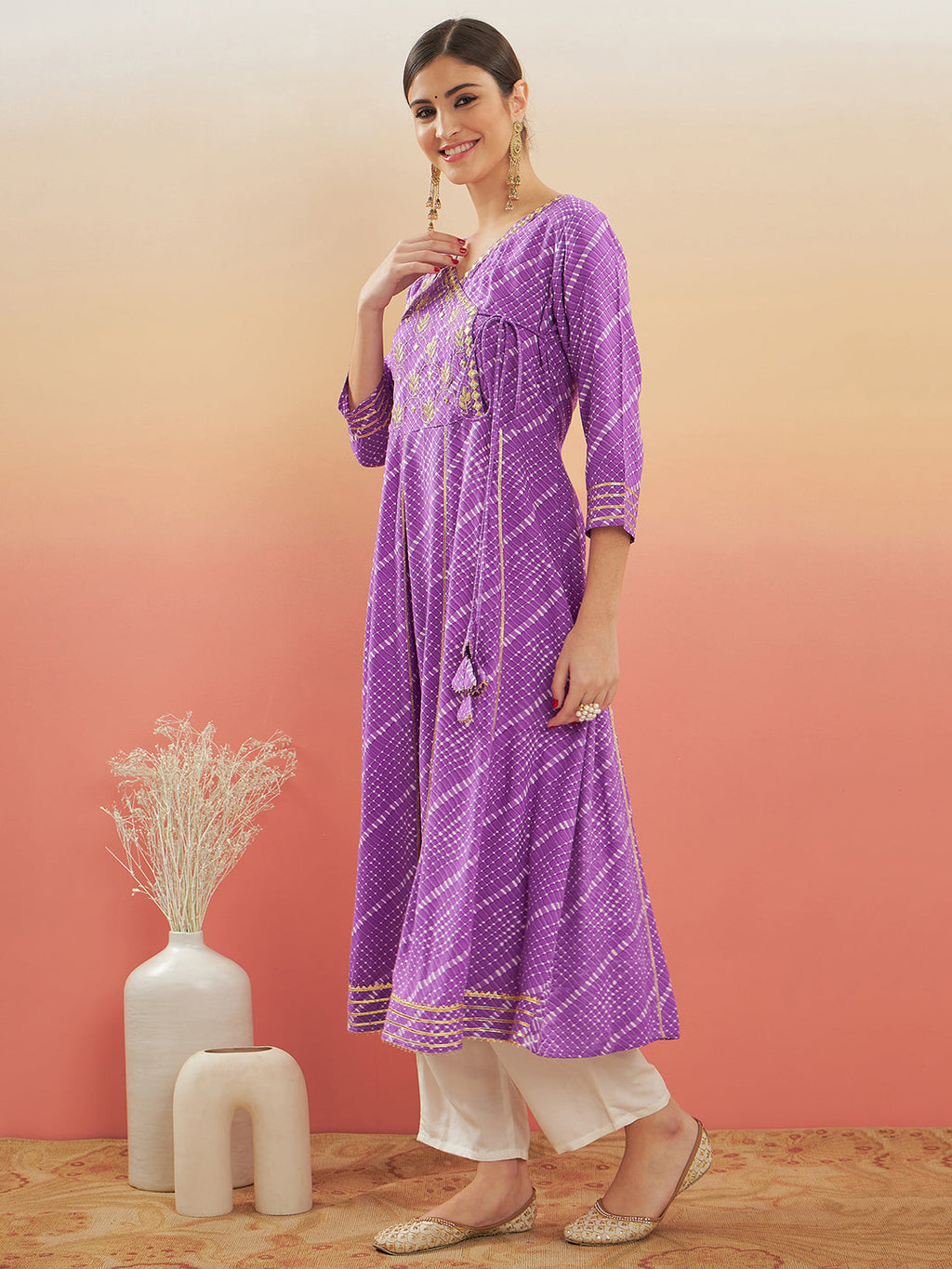 InWeave Women's Lilac Purple Lehriya Gota Work Angrakha Style Anarkali Kurta | Grocsy
