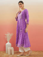 InWeave Women's Lilac Purple Lehriya Gota Work Angrakha Style Anarkali Kurta | Grocsy