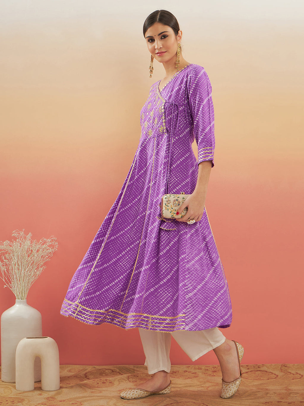 InWeave Women's Lilac Purple Lehriya Gota Work Angrakha Style Anarkali Kurta | Grocsy