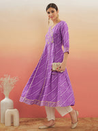 InWeave Women's Lilac Purple Lehriya Gota Work Angrakha Style Anarkali Kurta | Grocsy