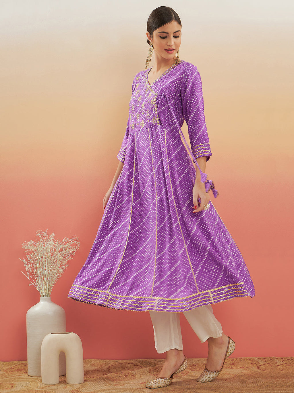 InWeave Women's Lilac Purple Lehriya Gota Work Angrakha Style Anarkali Kurta | Grocsy