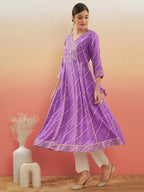 InWeave Women's Lilac Purple Lehriya Gota Work Angrakha Style Anarkali Kurta | Grocsy