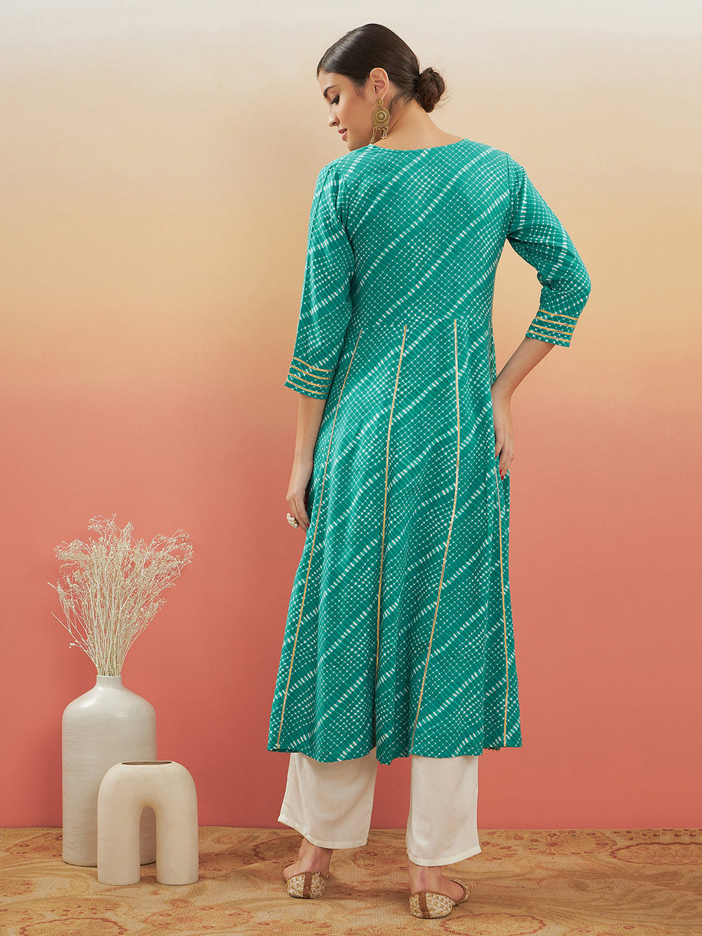 InWeave Women's Teal Lehriya Gota Work Angrakha Style Anarkali Kurta | Grocsy
