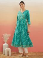 InWeave Women's Teal Lehriya Gota Work Angrakha Style Anarkali Kurta | Grocsy