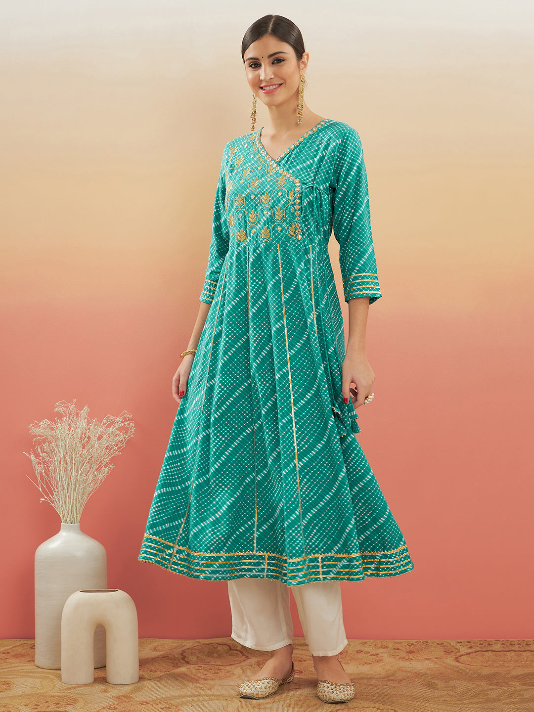 InWeave Women's Teal Lehriya Gota Work Angrakha Style Anarkali Kurta | Grocsy