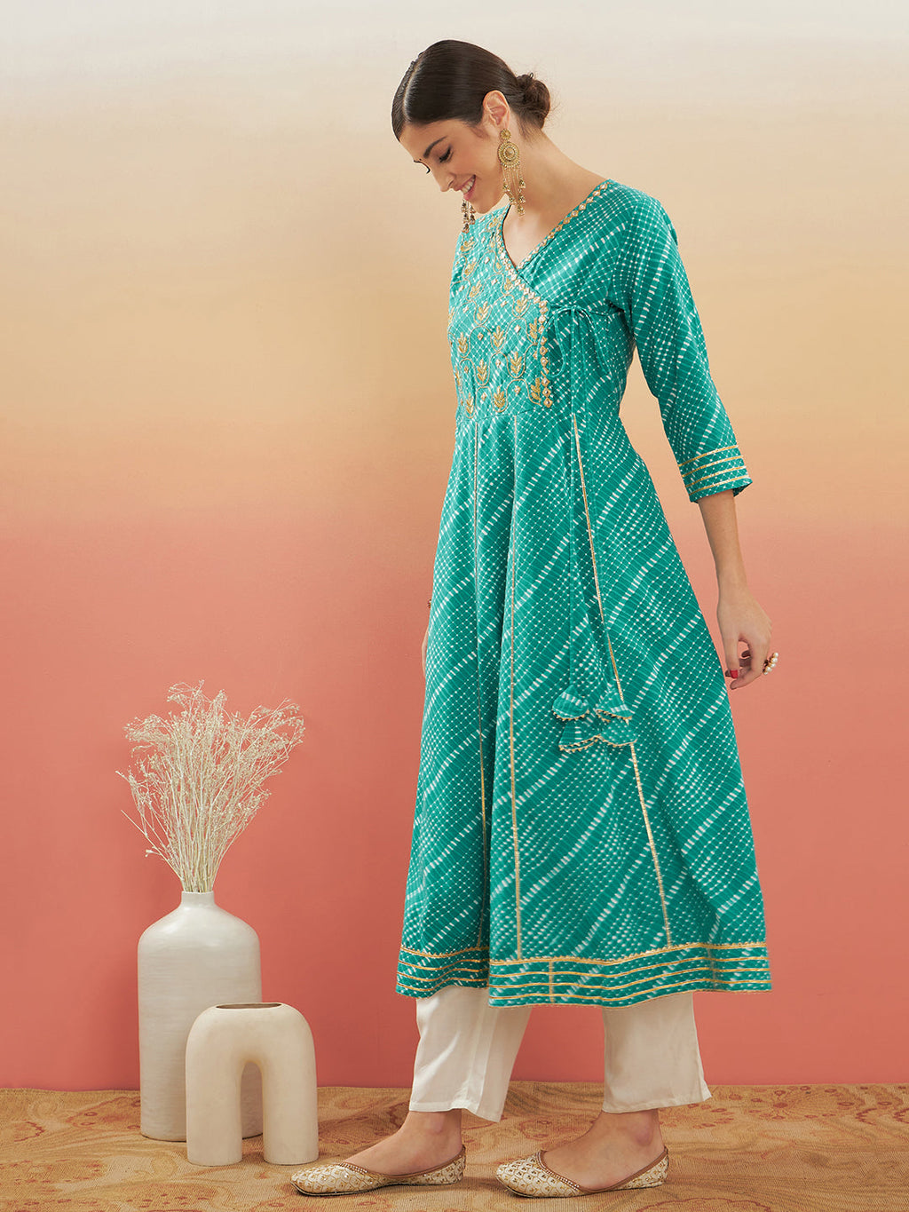 InWeave Women's Teal Lehriya Gota Work Angrakha Style Anarkali Kurta | Grocsy