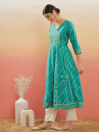 InWeave Women's Teal Lehriya Gota Work Angrakha Style Anarkali Kurta | Grocsy