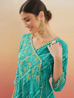 InWeave Women's Teal Lehriya Gota Work Angrakha Style Anarkali Kurta | Grocsy