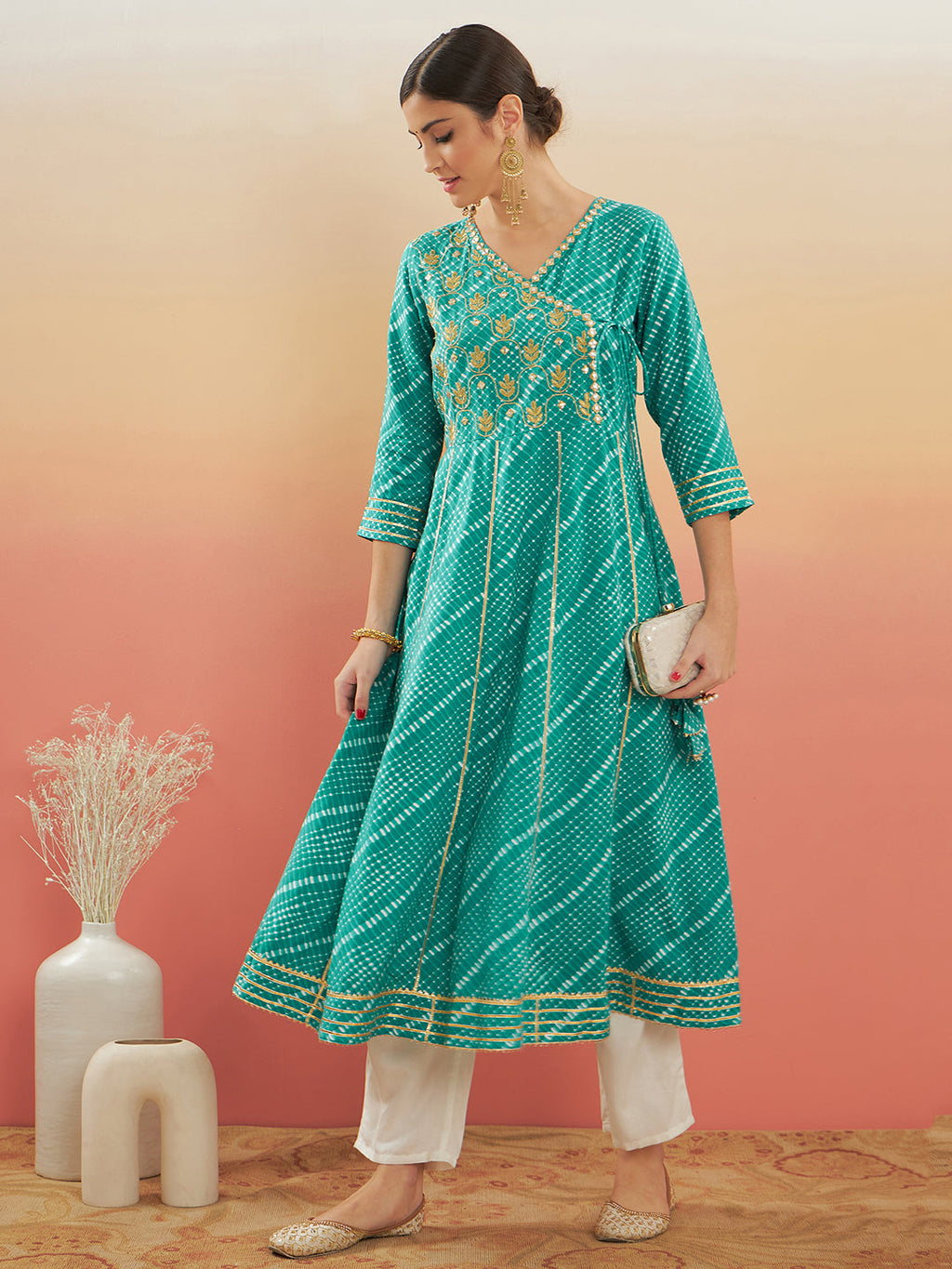 InWeave Women's Teal Lehriya Gota Work Angrakha Style Anarkali Kurta | Grocsy