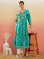 InWeave Women's Teal Lehriya Gota Work Angrakha Style Anarkali Kurta | Grocsy