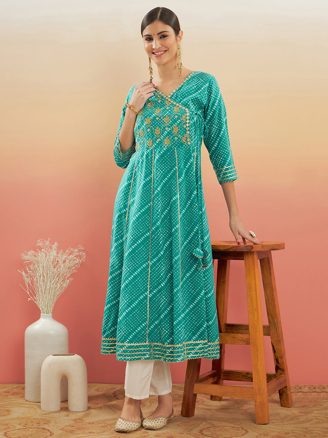 InWeave Women's Teal Lehriya Gota Work Angrakha Style Anarkali Kurta | Grocsy
