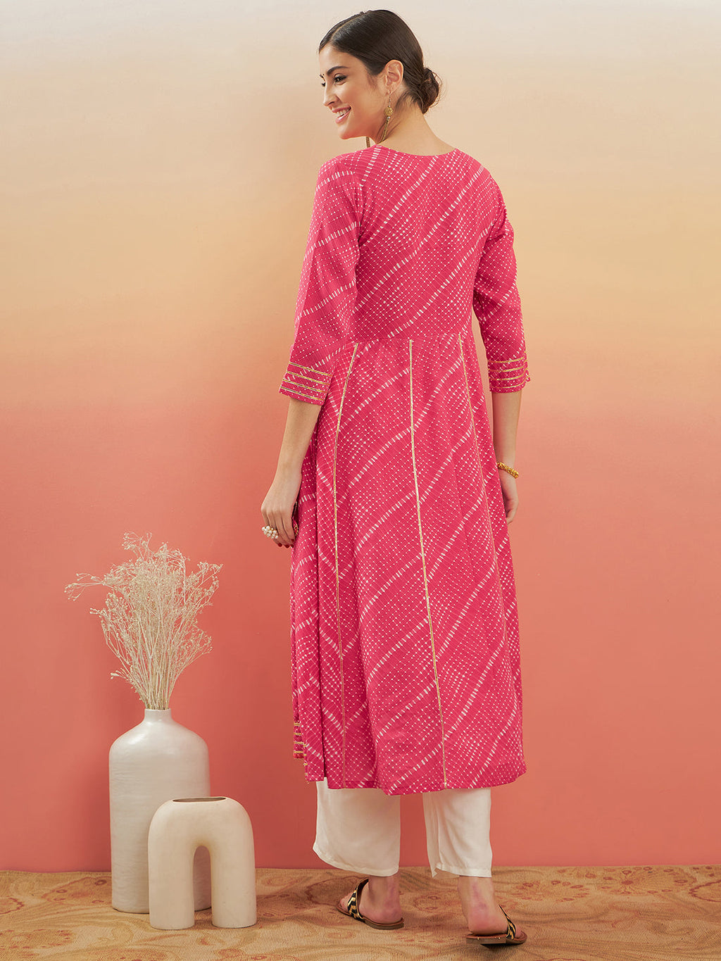 InWeave Women's Punch Pink Lehriya Gota Work Angrakha Style Anarkali Kurta | Grocsy