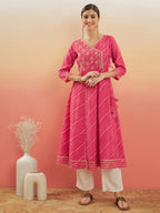 InWeave Women's Punch Pink Lehriya Gota Work Angrakha Style Anarkali Kurta | Grocsy