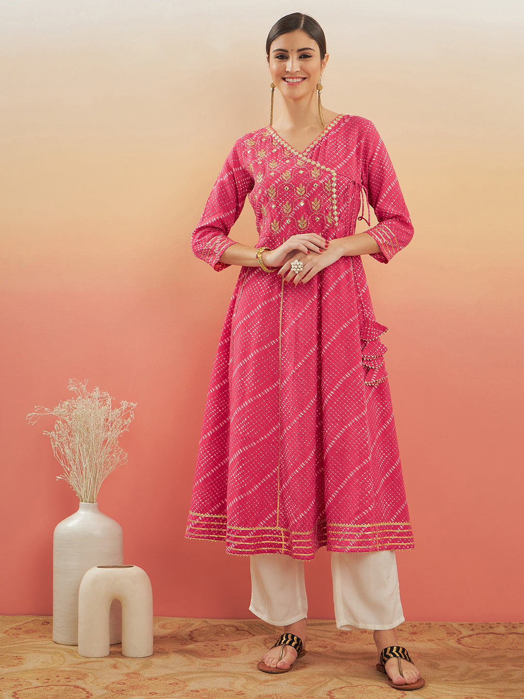 InWeave Women's Punch Pink Lehriya Gota Work Angrakha Style Anarkali Kurta | Grocsy