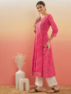 InWeave Women's Punch Pink Lehriya Gota Work Angrakha Style Anarkali Kurta | Grocsy