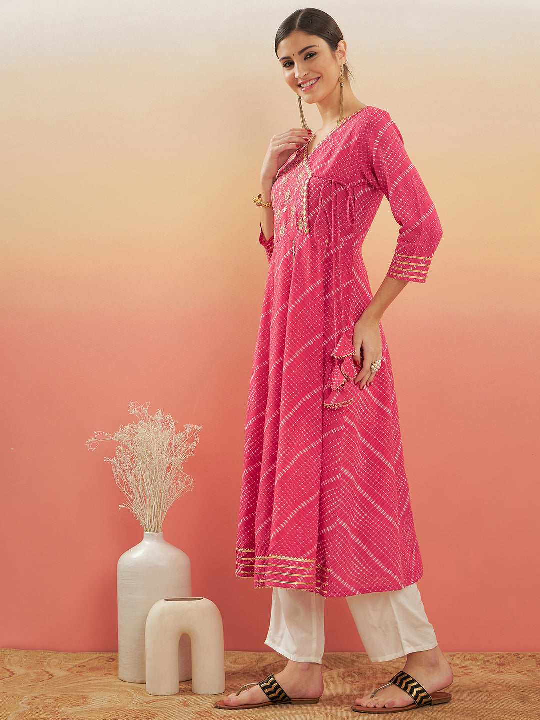 InWeave Women's Punch Pink Lehriya Gota Work Angrakha Style Anarkali Kurta | Grocsy