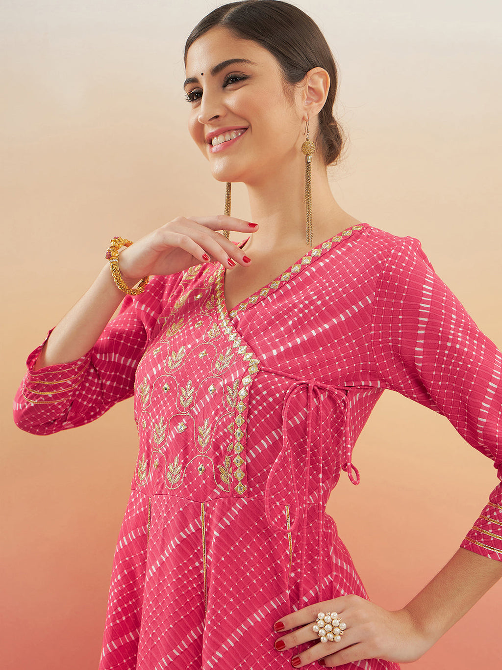 InWeave Women's Punch Pink Lehriya Gota Work Angrakha Style Anarkali Kurta | Grocsy