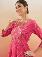 InWeave Women's Punch Pink Lehriya Gota Work Angrakha Style Anarkali Kurta | Grocsy