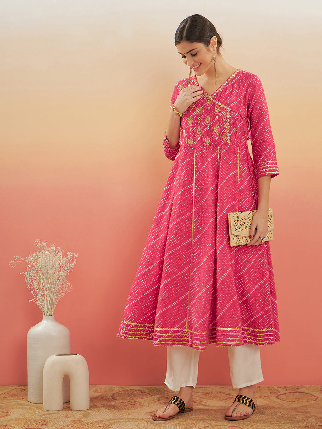 InWeave Women's Punch Pink Lehriya Gota Work Angrakha Style Anarkali Kurta | Grocsy