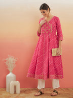 InWeave Women's Punch Pink Lehriya Gota Work Angrakha Style Anarkali Kurta | Grocsy